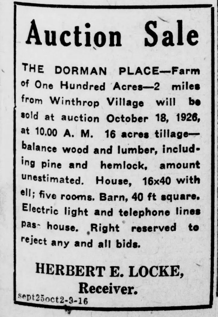 Text-only newspaper advertisement in a boxed border, headed "Auction Sale," announcing [unclear word] sale of a hundred-acre farm near a village, with details of acreage, timber, house and outbuilding, followed by a man's name and his title in bold type and a small line of publication dates at [unclear word] bottom.