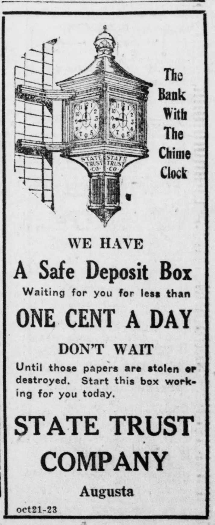 Newspaper advertisement for a [unclear word] safe [unclear word] boxes, [unclear word] an engraving [unclear word] a two-faced street clock mounted on a building corner, a slogan beside it, several lines [unclear word] text in varied type sizes, and [unclear words] name and city at [unclear word] bottom.