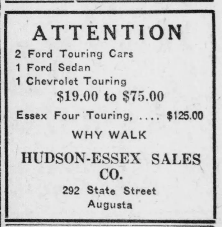 Text-only advertisement in a ruled box, headed by a large word in capitals, listing used [unclear word] for sale with prices, followed by a short slogan, a dealer's name, and a [unclear word] address.