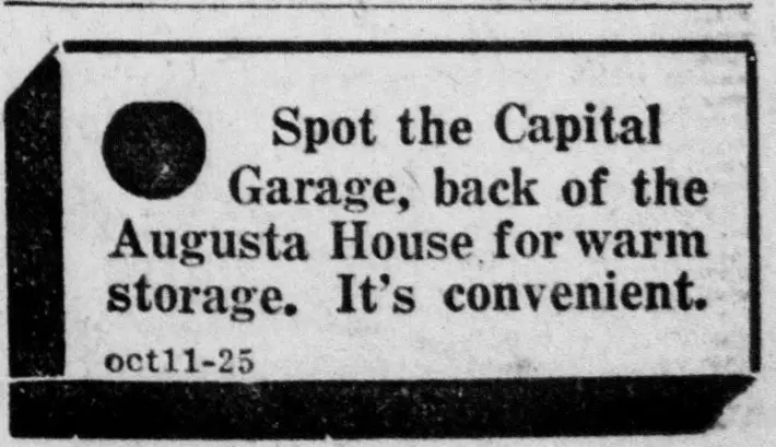 Boxed newspaper advertisement with a black dot at left and a few lines of bold text promoting a garage offering warm storage, with a small date code line beneath.
