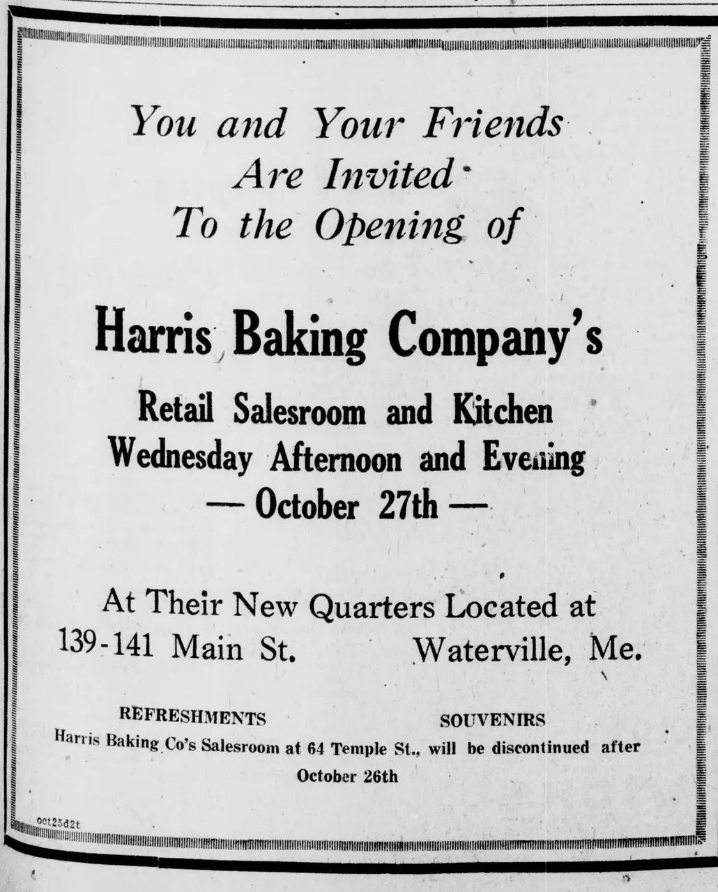Text-only advertisement in a decorative border, inviting readers and [unclear word] friends to the opening of a bakery [unclear words] and [unclear word] on a stated [unclear word] and [unclear word], with the [unclear word] street address, and a note about [unclear word], souvenirs, and the closing of the former [unclear word].