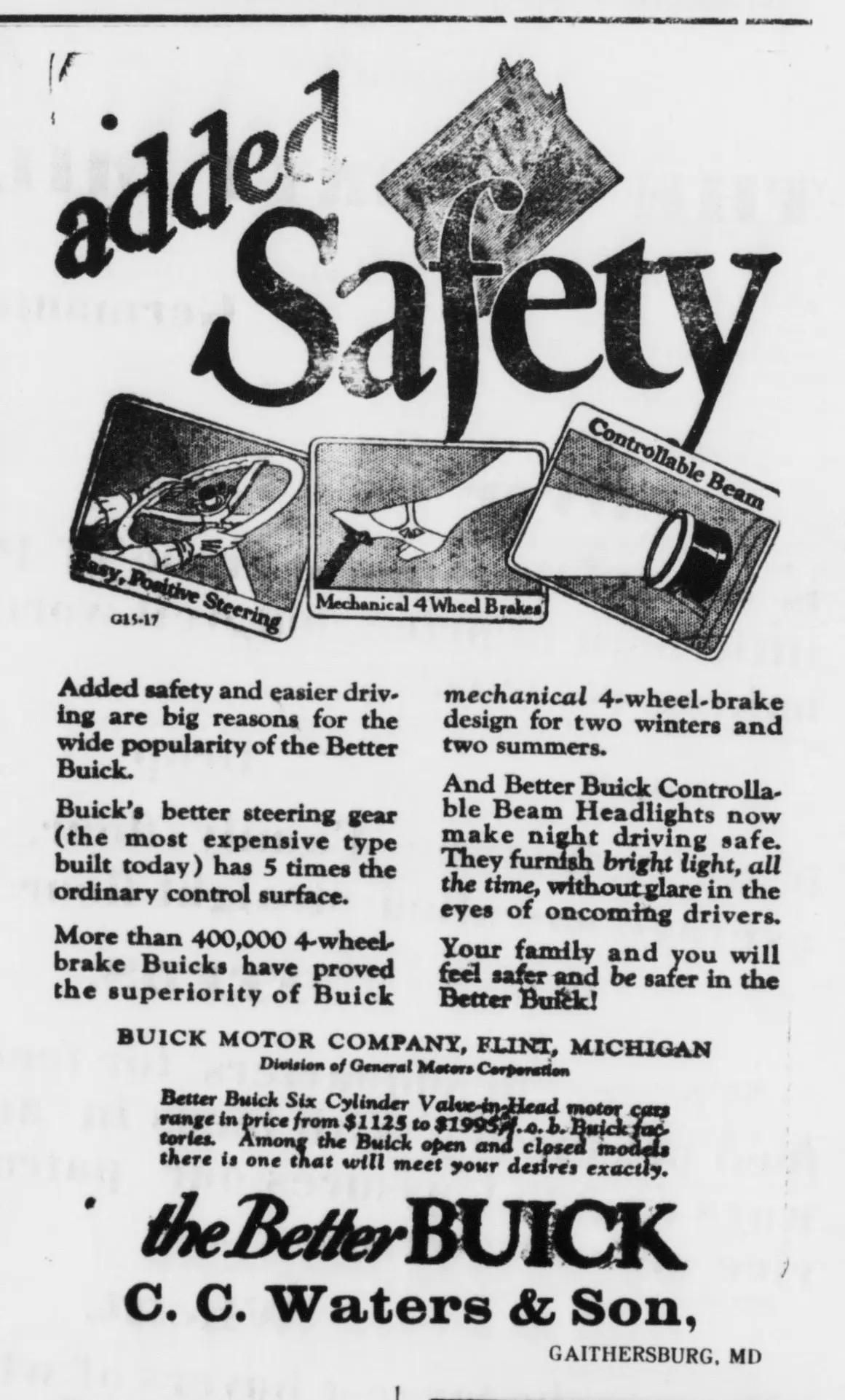 Advertisement for an automobile, with the words "added Safety" in large script at the top, three small illustrations of a steering wheel, a foot on a pedal, and a headlamp, two columns of text, and a dealer's name and town at the bottom.