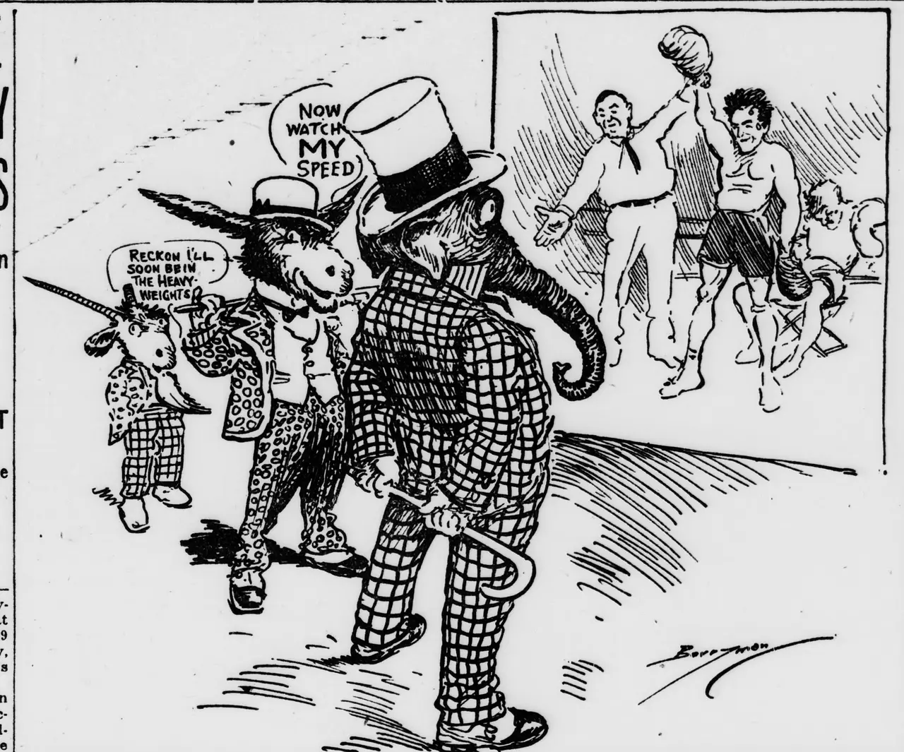 Editorial cartoon showing an elephant and a donkey dressed in checked suits and top hats walking past a poster of a boxing referee raising a fighter's arm, with speech balloons reading "Now watch my speed" and "Reckon I'll soon be in the heavyweights."