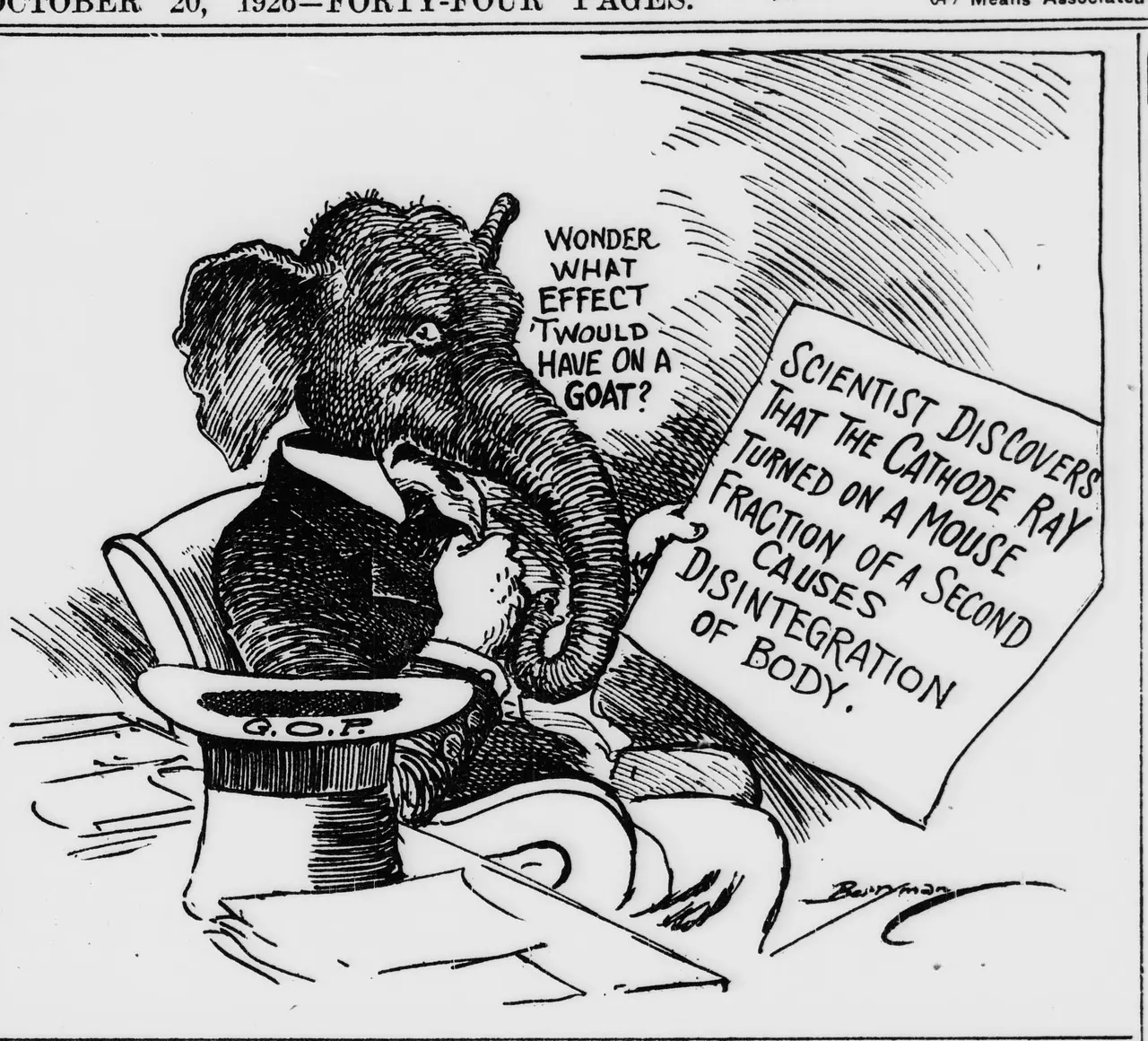 Editorial cartoon showing an elephant in a suit, with a top hat labeled "G.O.P." beside him, holding a newspaper clipping headlined about a scientist discovering that a cathode ray turned on a mouse for a fraction of a second causes disintegration of the body, while saying "Wonder what effect 'twould have on a goat?"