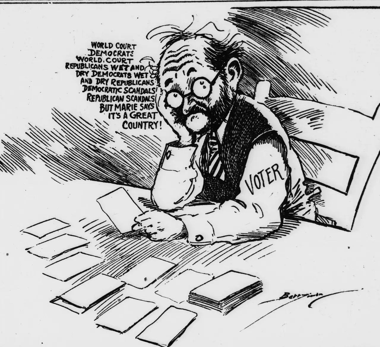 Editorial cartoon showing a bearded man in shirtsleeves and a vest labeled "VOTER" leaning on a table, head in hand, playing solitaire with cards spread before him, while hand-lettered text beside him lists political topics and ends with a remark that it's a great country.