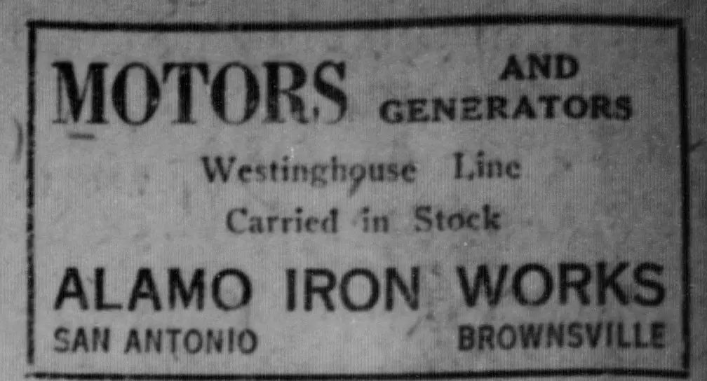 Text-only boxed advertisement for motors and generators, noting a brand line [unclear word] in [unclear word], with a company name and two city names at the bottom.
