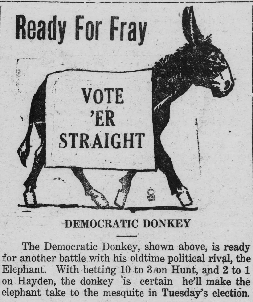 ! Ready For Fray (L STRAIGHT F j DEMOCRATIC DONKEY The Democratic Donkey, shown above, is ready for battle with oldtime political another his rival, the Elephant. With betting [unclear figure] to [unclear figure] Hunt, and [unclear figure] 1 on Hayden, the donkey ’is certain he’ll make the elephant take to the mesquite in Tuesday’s election.